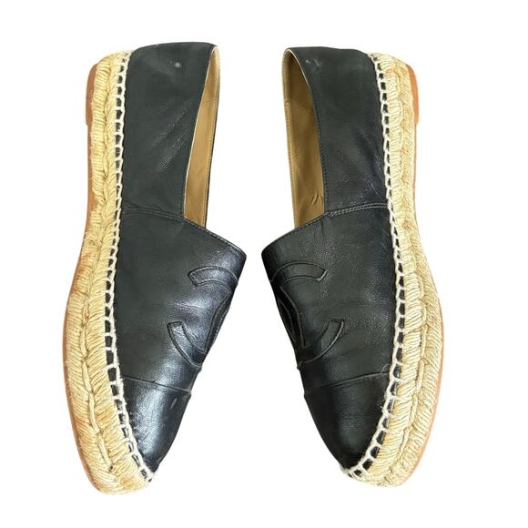 Chanel Interlocking CC Cap Toe Espadrille Shoes Black Leather Flats Size EU 38 - Picture 11 of 16